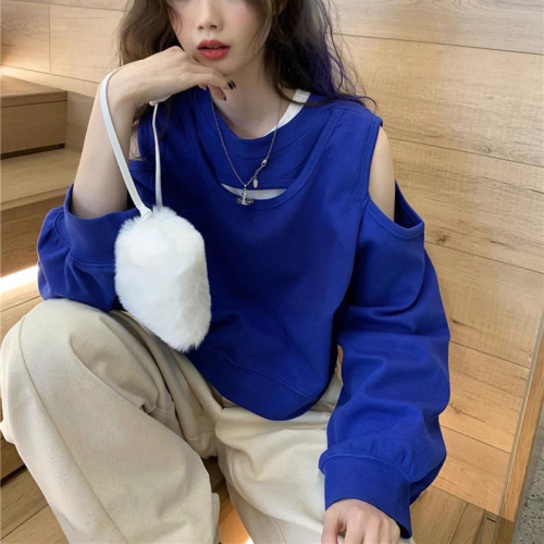 Clay blue off-shoulder hooded sweatshirt for women, spring and autumn style, retro loose design, niche short pullover long-sleeved top