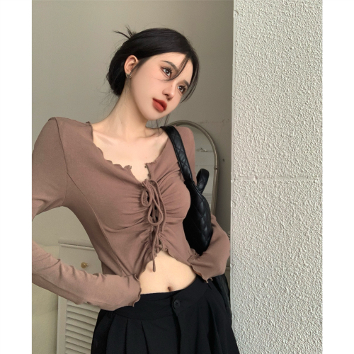 Actual shot ~ Irregular T-shirt for women, V-neck slim fit, autumn short, tight-fitting drawstring design, niche top