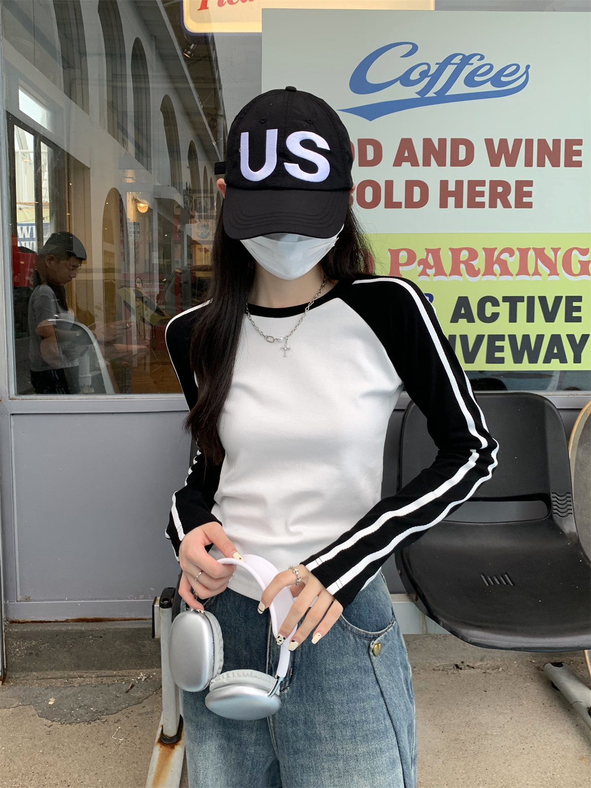 Real shot early autumn 2024 Korean style contrasting color slim raglan strip design pure cotton long-sleeved T-shirt women's top