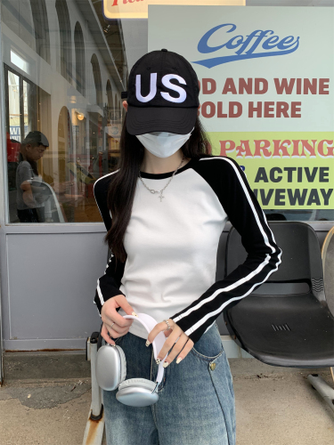 Real shot early autumn 2024 Korean style contrasting color slim raglan strip design pure cotton long-sleeved T-shirt women's top