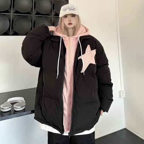 Star patch sweet college style fake two-piece hooded down jacket for women Japanese loose casual bread jacket