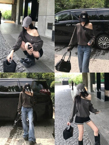 Ruth's same style off-shoulder off-shoulder small label loose pullover sweatshirt long-sleeved lazy loose top for women summer and autumn