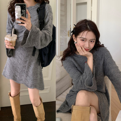 Real shot ~ Wave-style bohemian trumpet-sleeve umbrella skirt hollow-out knitted dress