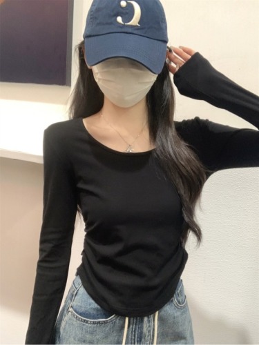 Real shot of autumn Korean style slim round neck pleated slim and versatile solid color pure cotton long-sleeved T-shirt with inner top