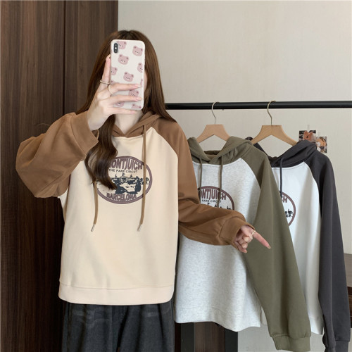 After the real shot, the bag is made of woolen cotton composite milk silk 320g thin stitching contrasting color hooded sweatshirt for women