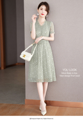 Green floral chiffon dress summer new women's v-neck slim summer high-end a-line skirt