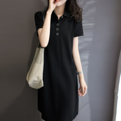 Stylish POLO collar metal buckle short-sleeved sports style cotton dress for summer with vitality and age reduction