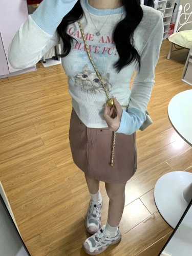 #ICE丝THREAD Slim-fitting cat print long-sleeved T-shirt