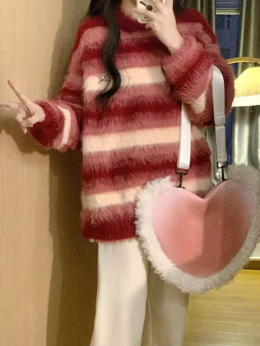 Red Striped Embroidered Mink Fleece Soft and Plush Mink Fur Hooded Sweater Slouchy Style Heart Pin Knitted Top