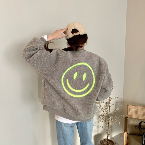 Autumn and winter new American style imitation lamb plush smiley face embroidered baseball uniform jacket jacket for women ins trend