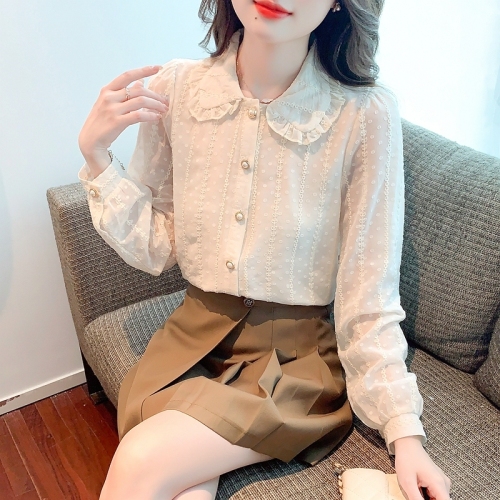 Autumn clothing for women, super fairy inner wear, doll collar, chiffon lace long-sleeved shirt, T-shirt top, fashionable and versatile bottoming shirt