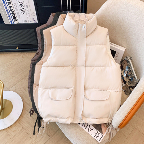 Real shot of plus size women's 2024 autumn and winter new fashionable stand-up collar cotton vest loose waistcoat vest jacket