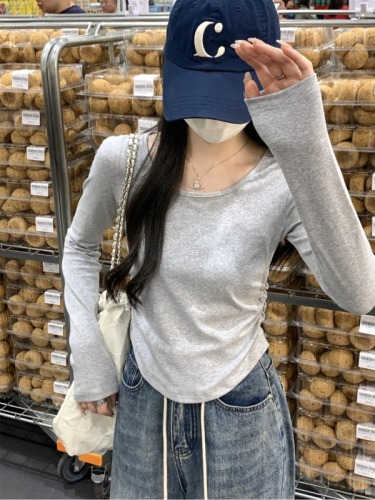 Real shot of autumn Korean style slim round neck pleated slim and versatile solid color pure cotton long-sleeved T-shirt with inner top