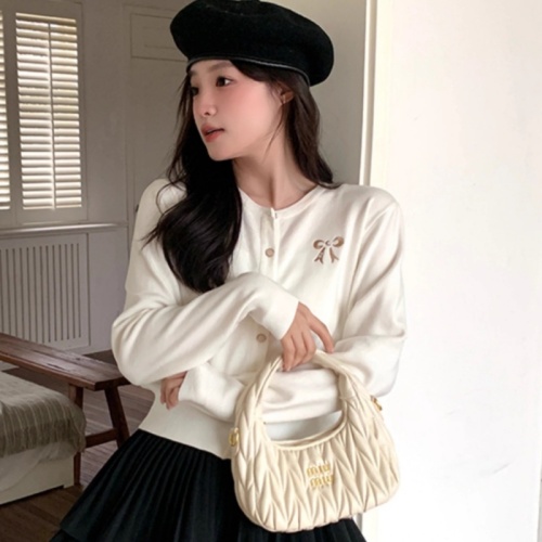 Korean style bow embroidered gray knitted cardigan for women spring round neck soft glutinous miu style versatile top