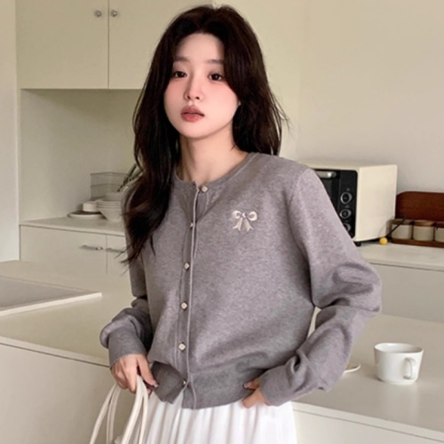 Korean style bow embroidered gray knitted cardigan for women spring round neck soft glutinous miu style versatile top