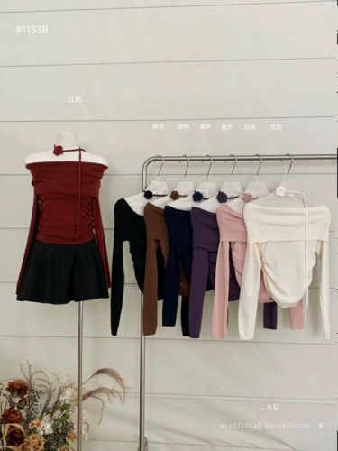 AS OFFICIAL手工编织花朵！一字肩小衫针织衫配领带