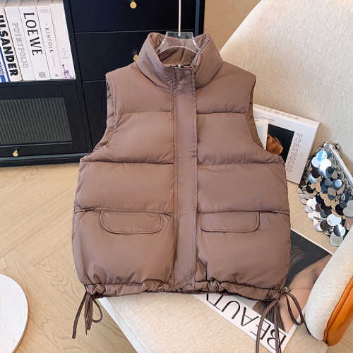 Real shot of plus size women's 2024 autumn and winter new fashionable stand-up collar cotton vest loose waistcoat vest jacket