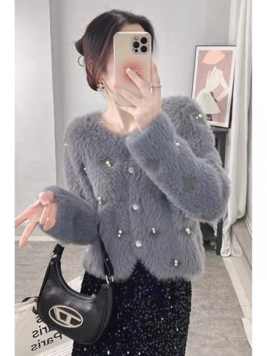 Imitation mink velvet knitted cardigan 2024 spring and autumn new thickened sweater jacket niche heavy industry beaded short top