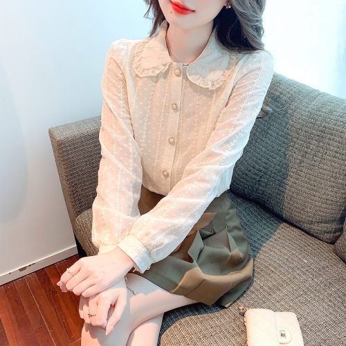 Autumn clothing for women, super fairy inner wear, doll collar, chiffon lace long-sleeved shirt, T-shirt top, fashionable and versatile bottoming shirt