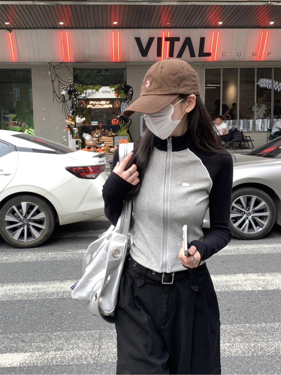 Actual shot of early autumn Korean style slim raglan contrast zipper cardigan design pure cotton inner T-shirt top for women