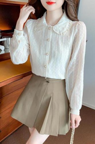 Autumn clothing for women, super fairy inner wear, doll collar, chiffon lace long-sleeved shirt, T-shirt top, fashionable and versatile bottoming shirt