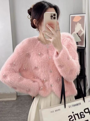 Imitation mink velvet knitted cardigan 2024 spring and autumn new thickened sweater jacket niche heavy industry beaded short top