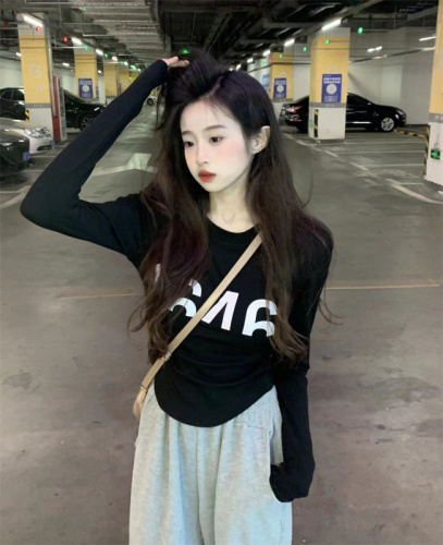 Pure cotton bottoming shirt, letter round neck long-sleeved T-shirt, slim fit inner top and gray sweatpants two-piece set