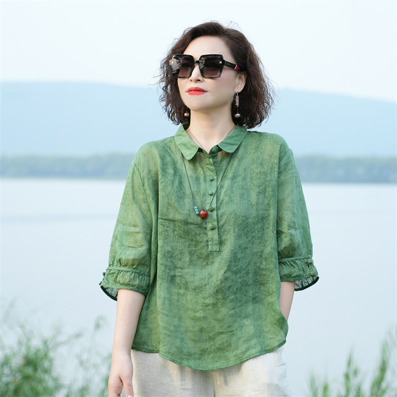 Official Photo Summer Ramie Polo Collar Top Shirt Women's Pullover Versatile Fashion Loose Fit Five-Fifth Sleeve Shirt