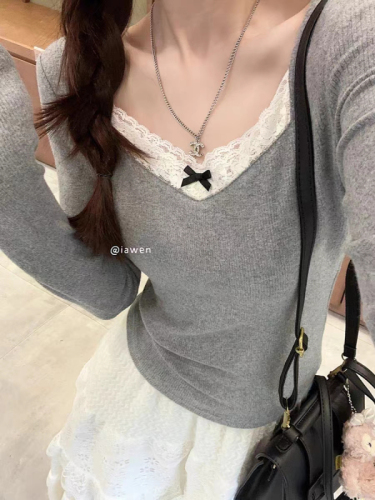 1*1 threaded German velvet 280g autumn and winter brushed thickened bottoming shirt to wear long-sleeved T-shirt bow top