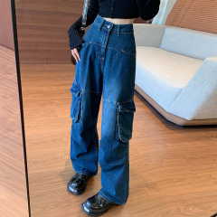 Real shot of American retro multi-pocket washed straight work jeans for men and women street wide-leg casual pants trendy brand