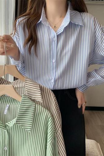 Real shot blue striped long-sleeved shirt top spring and autumn French design niche shirt tops for women