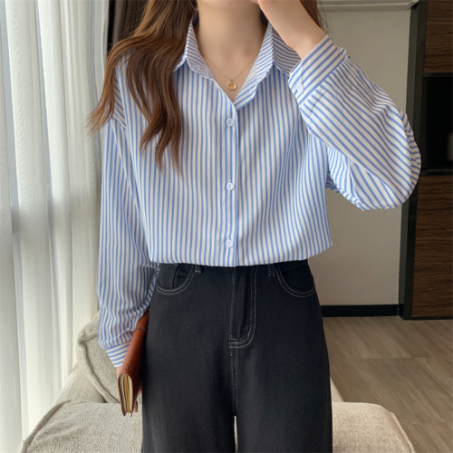 Real shot blue striped long-sleeved shirt top spring and autumn French design niche shirt tops for women