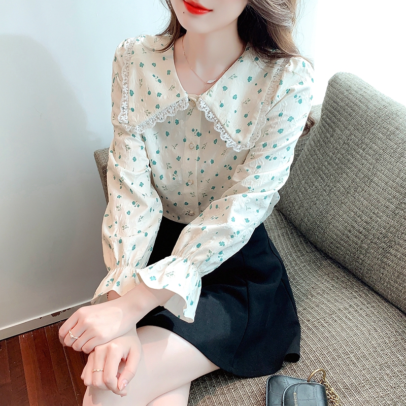 法式娃娃領碎花襯衫上衣女2024年秋季新款小清新甜美泡泡短袖襯衣