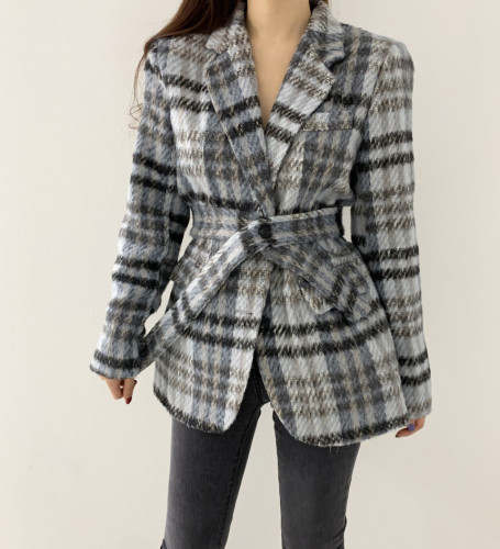 chic houndstooth wool blazer new thickened quilted lace-up small suit top