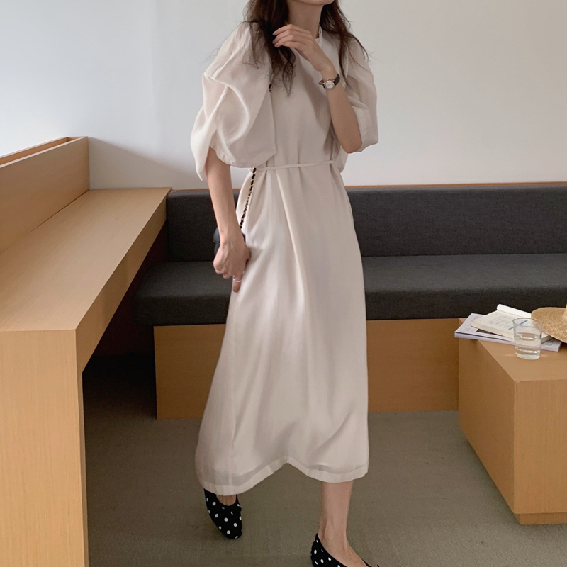 Real shot and real price French style niche gentle retro pleated puff sleeves lace-up rear slit dress