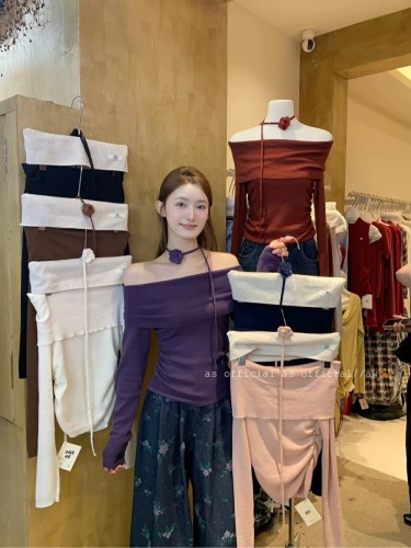 AS OFFICIAL手工编织花朵！一字肩小衫针织衫配领带