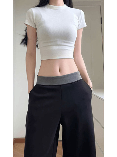 Puzzle-dyed color-blocking wide-leg pants for women, summer straight-leg pants, high-waisted casual pants, floor-length sport pants, tall women's pants