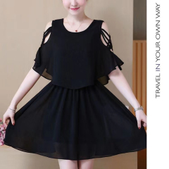 New summer short-sleeved Korean style chubby girl slimming flesh-covering chiffon dress double layer with lining
