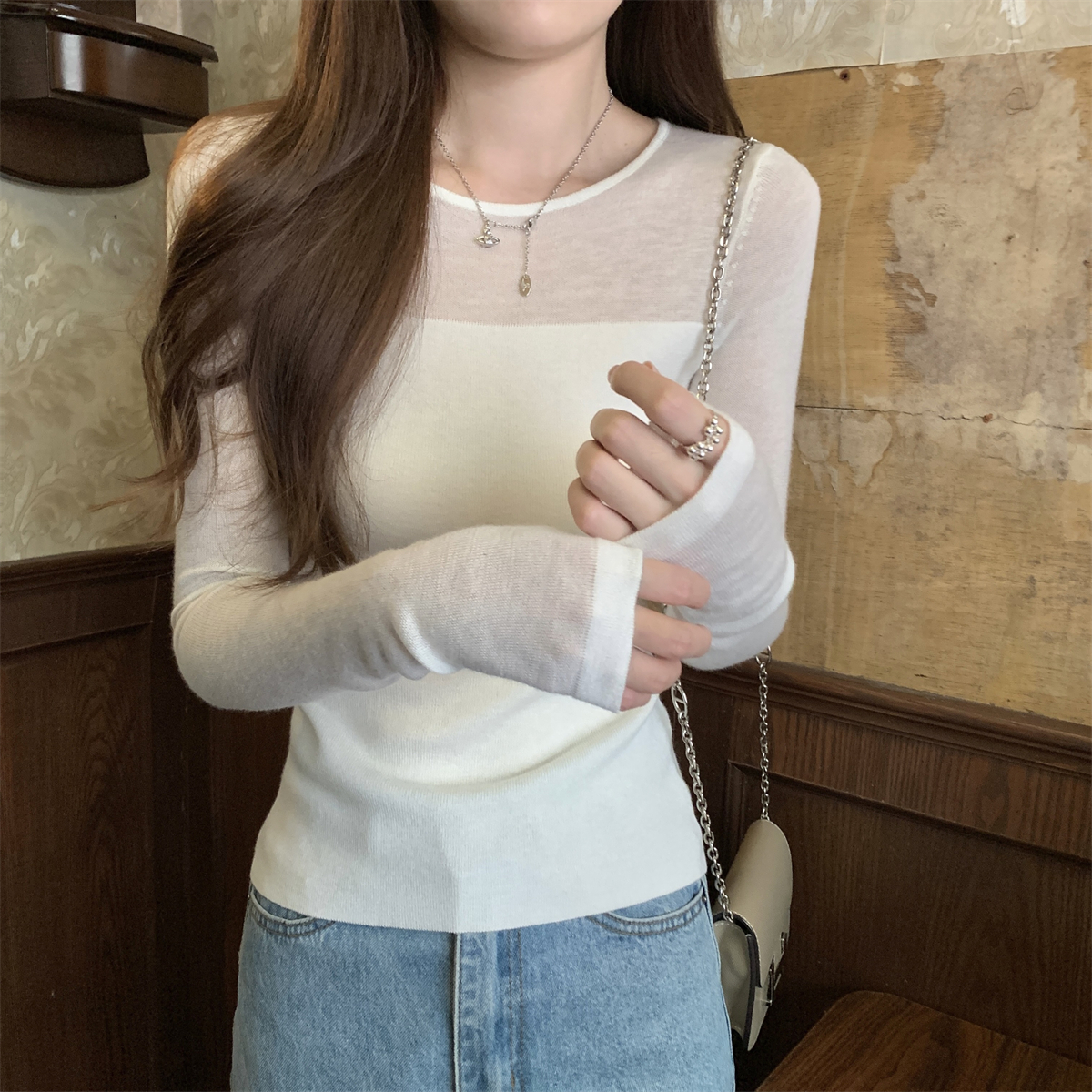 Actual shot of early autumn new slim-fitting splicing see-through Pure Desire Slim 6 wool sweater long-sleeved inner top