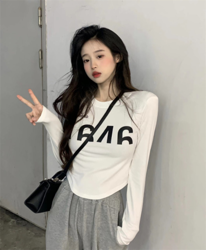 Pure cotton bottoming shirt, letter round neck long-sleeved T-shirt, slim fit inner top and gray sweatpants two-piece set