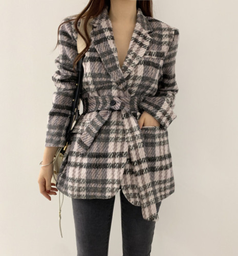 chic houndstooth wool blazer new thickened quilted lace-up small suit top