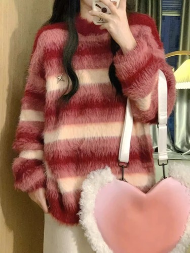 Red Striped Embroidered Mink Fleece Soft and Plush Mink Fur Hooded Sweater Slouchy Style Heart Pin Knitted Top