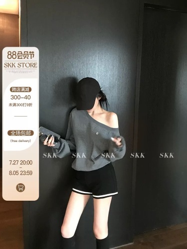 Ruth's same style off-shoulder off-shoulder small label loose pullover sweatshirt long-sleeved lazy loose top for women summer and autumn