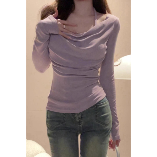 Modal 260g Swing collar halter top purple long-sleeved T-shirt women's slim fit inner layering shirt