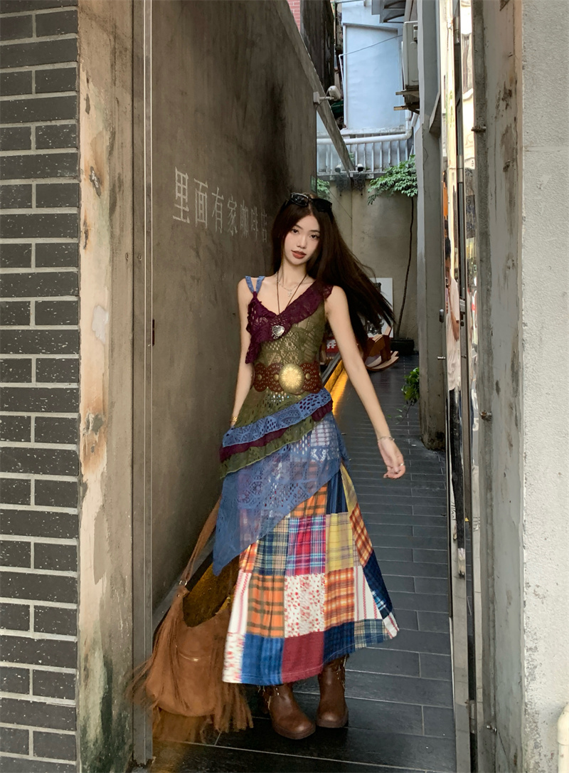 Photographed Hollow Out Nomadic Style Hooked Strap Camisole Dress + Retro Color Block Checkered Skirt