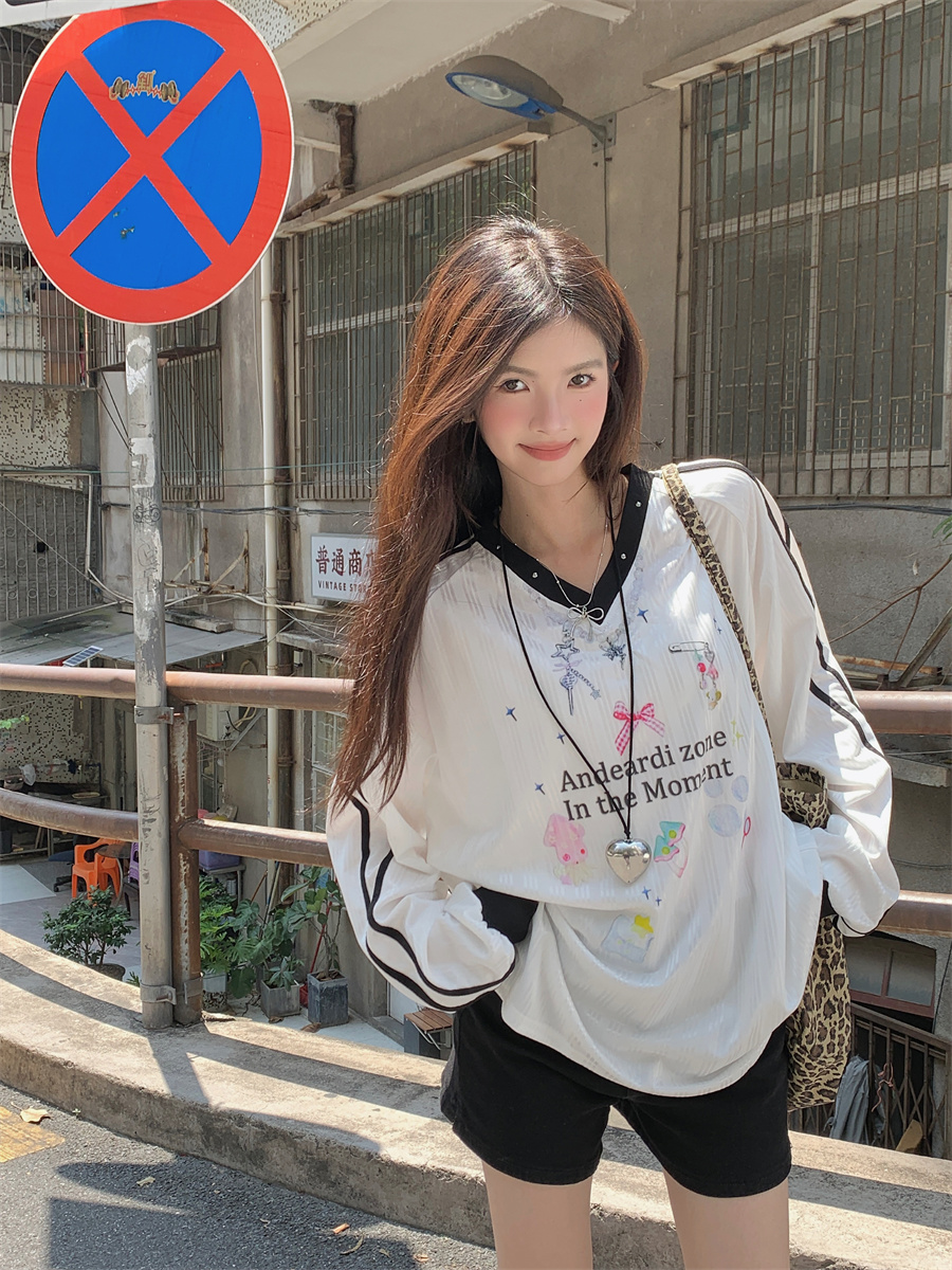 Photographed~Interesting Pattern Printed Blokette Sporty Girl Style V-Neck Loose Long-Sleeve Shirt Striped Top