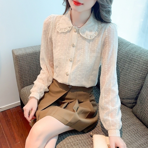 Autumn clothing for women, super fairy inner wear, doll collar, chiffon lace long-sleeved shirt, T-shirt top, fashionable and versatile bottoming shirt