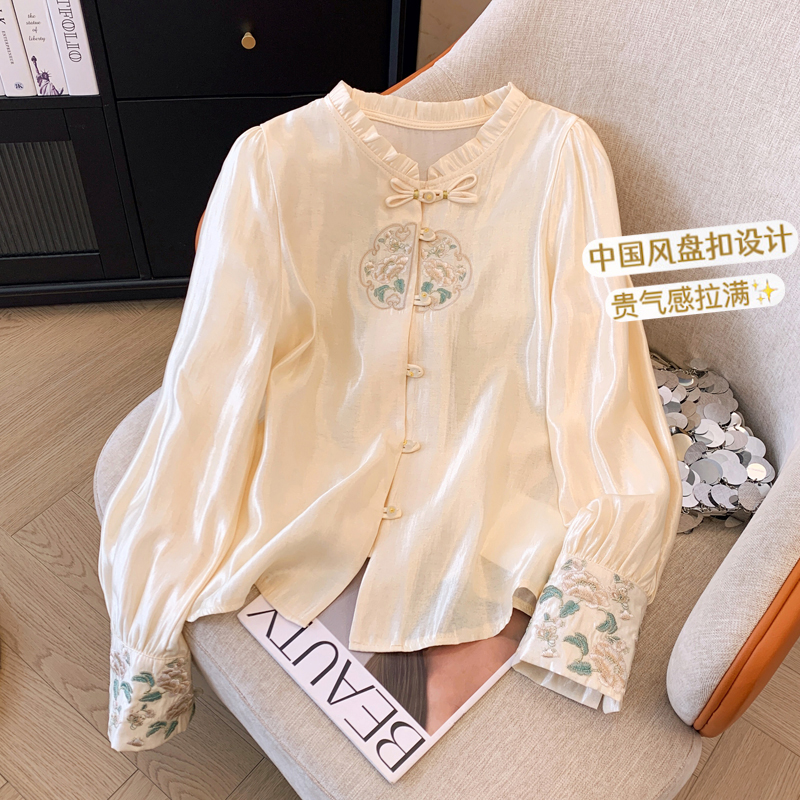 高級木耳邊立領刺繡天絲襯衫女早春新中式國風盤扣上衣配馬面襯衣