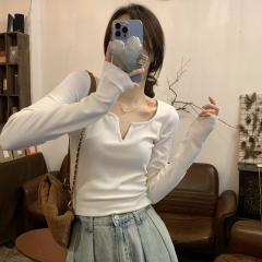 Actual shot of 2024 early autumn Korean style square collar chic design versatile long-sleeved inner T-shirt bottoming top