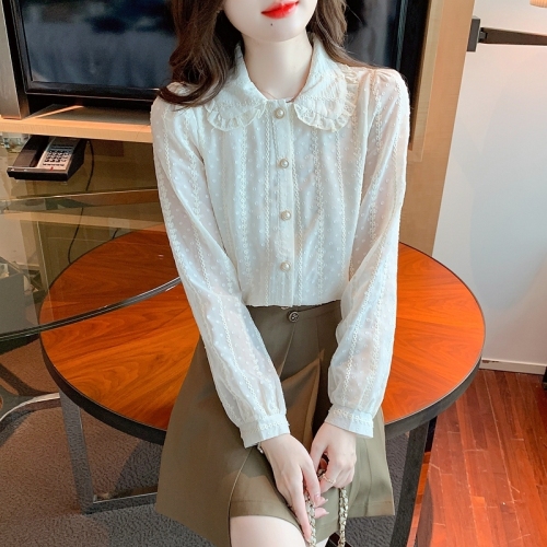 Autumn clothing for women, super fairy inner wear, doll collar, chiffon lace long-sleeved shirt, T-shirt top, fashionable and versatile bottoming shirt